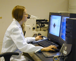 Lisa Stark operating the optical microscope